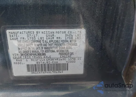 2017 Nissan Versa 1.6 Sv z USA, uszkodzony, nr VIN 3N1CN7AP4HL906365